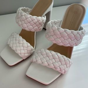 White braided strap heels